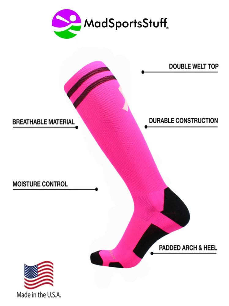 MadSportsStuff Breast Cancer Awareness Socks with Stripes (Neon Pink/Pale Pink, Medium) - Image 3